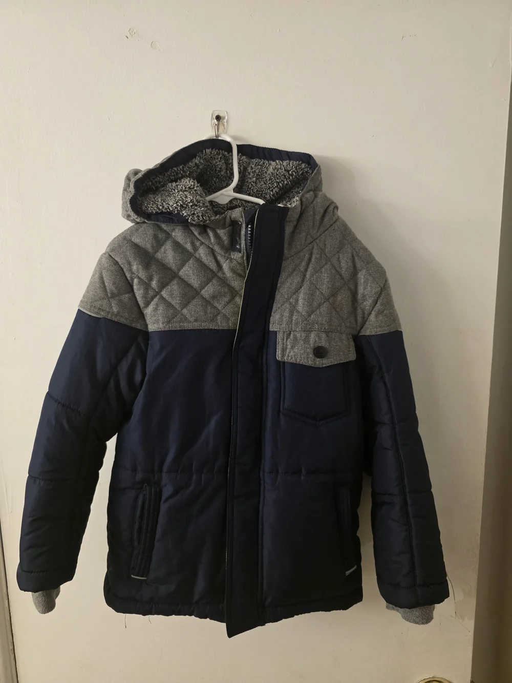 Kids Two-Tone Navy and Gray Hooded Puffer Jacket